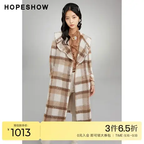 红袖outlets复古格纹花瓣领大衣hopeshow2022冬季款花边长款外套商品大图