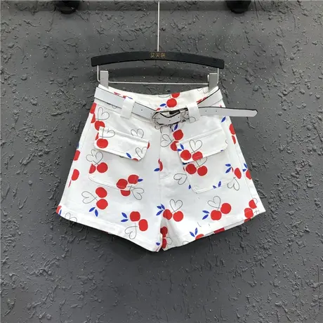 彩绘樱桃印花牛仔短裤女2023夏季新款时尚高腰显瘦a字阔腿裤热裤图片