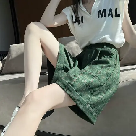 绿色格子短裤女2023年夏季薄款高腰宽松显瘦复古百搭休闲五分中裤商品大图