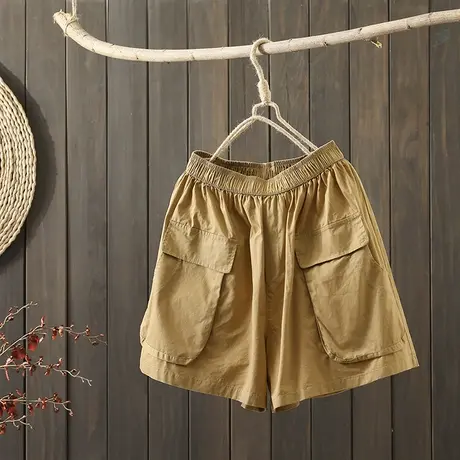 枫谜2021年夏季新款文艺简约口袋全棉短裤女宽松休闲百搭阔腿裤图片