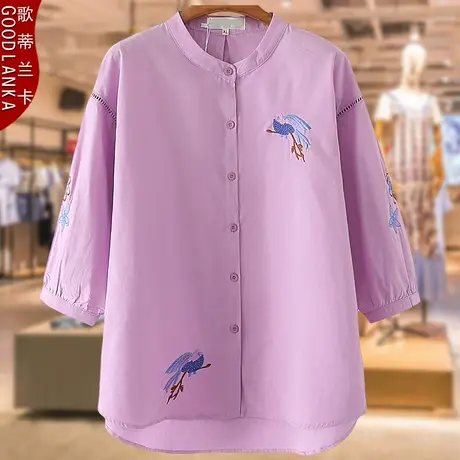 七分袖绣花衬衫2022早秋新款加肥加大码女中年妈妈装燕尾纯棉上衣图片