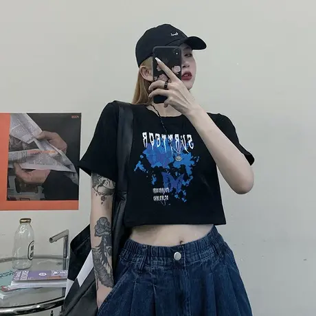 网红ins超火短款t恤女春夏装2023宽松韩版泫雅风炸街露脐短袖上衣商品大图