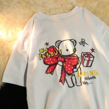 美式复古纯棉正肩短袖t恤女夏季宽松潮牌ins设计感小众半袖上衣服商品大图