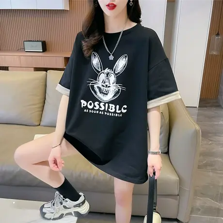 小众设计感短袖t恤女夏装韩版宽松大码中长款假两件百搭上衣服潮商品大图