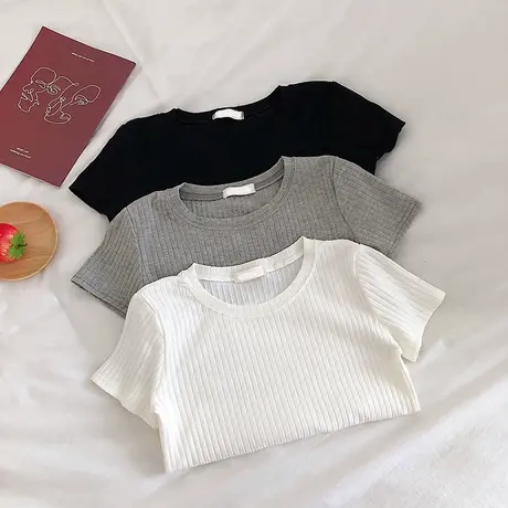 坑条纹修身弹力圆领t恤女短款衣服2021新款夏装 chic港味上衣短袖图片