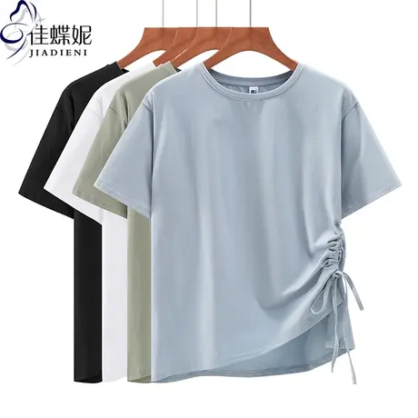 夏季新款圆领宽松纯棉休闲抽绳短袖T恤纯色大码百搭简约女装上衣图片