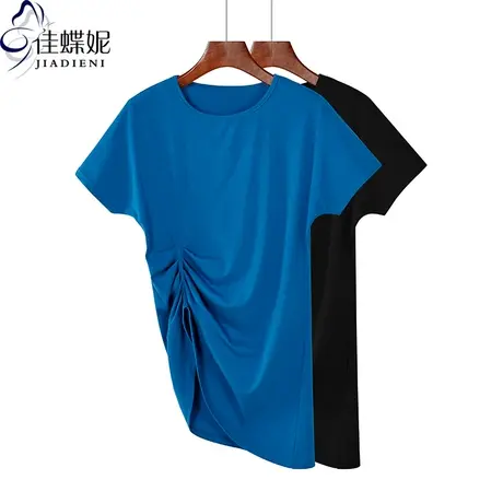 夏季新款纯棉宽松休闲纯色圆领褶皱中长款大码短袖体恤上衣女装商品大图