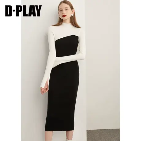 DPLAY秋装新品时尚简约半高领黑拼白针织长款连衣裙图片