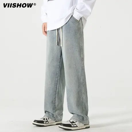 VIISHOW牛仔裤男秋季美式高街潮牌痞帅复古宽松直筒阔腿休闲长裤商品大图