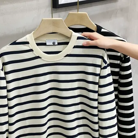 条纹圆领长袖T恤男卫衣2023春秋季韩版新款潮宽松内搭上衣打底衫商品大图