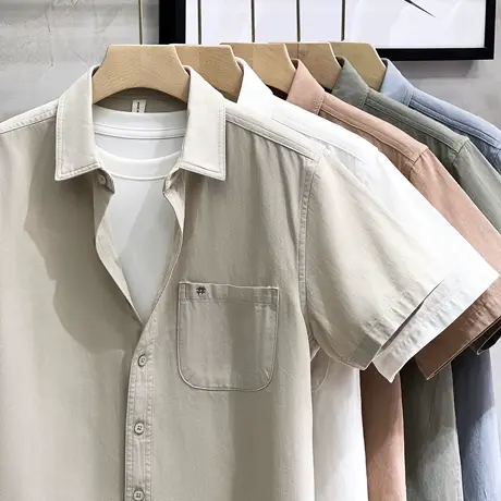 重磅纯色短袖衬衫男夏季日系小清新纯棉衬衣翻领百搭休闲潮流寸衫商品大图