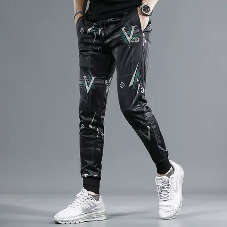 黑色男士印花冰丝休闲裤男2023夏季新款修身束脚潮牌弹力休闲裤子商品大图