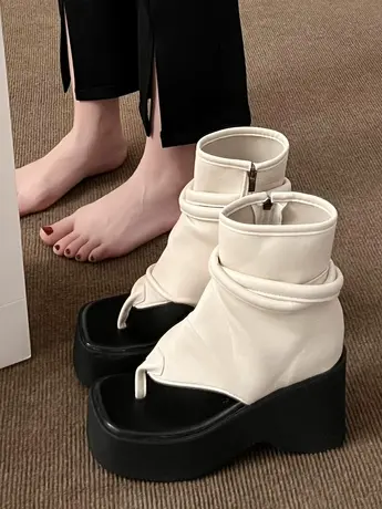 夏季夹趾厚底时尚凉靴女罗马复古风松糕底休闲百搭高帮舒适凉鞋子图片