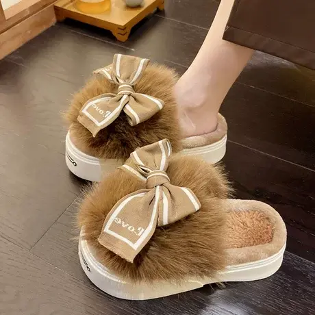 可爱卡通平底防滑包头毛毛拖女2023年秋冬季新款厚底毛茸茸棉拖鞋商品大图