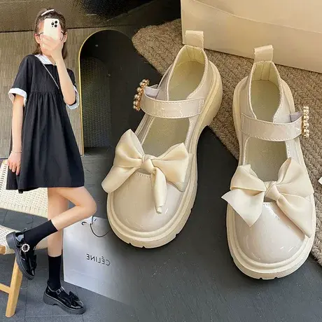 蝴蝶结小皮鞋女2023新款四季厚底粗跟软底配裙子日系jk玛丽珍鞋图片