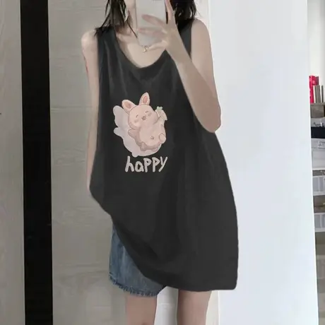 美式复古纯棉吊带运动背心无袖t恤女夏季设计感小众外穿宽松上衣商品大图