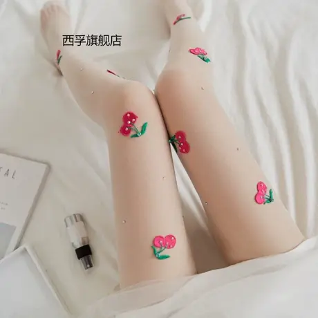 爆品樱桃手点制作花瓣珠光不勾丝任意剪丝袜连裤袜薄款图片