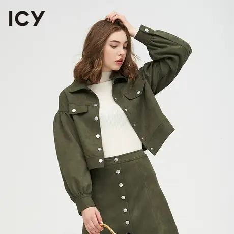 icy新款复古麂皮绒夹克女灯笼袖单排扣短款外套图片