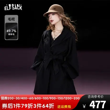 妖精的口袋黑色长款毛呢外套女2023冬季新款小个子宽松气质呢大衣图片