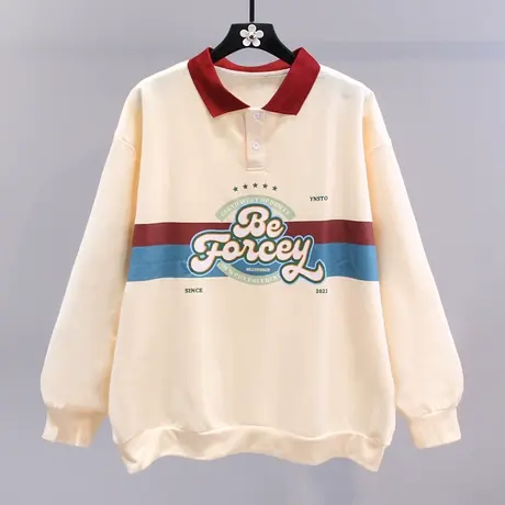 复古学院风polo领印花卫衣女2023新款韩版宽松中长款休闲长袖上衣图片