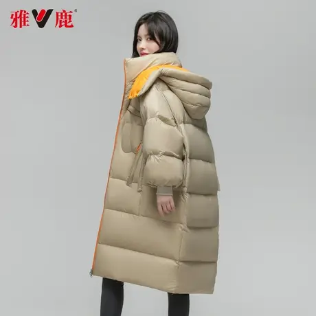 雅鹿羽绒服女中长款小个子撞色反季过膝休闲外套修身时尚舒适轻盈商品大图
