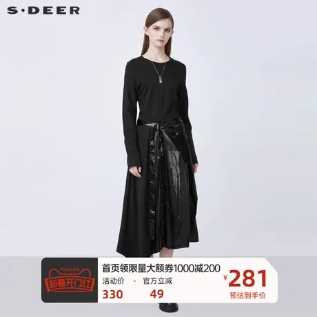 sdeer圣迪奥女装休闲圆领收腰插袋不规则拼接连衣裙S21481211图片