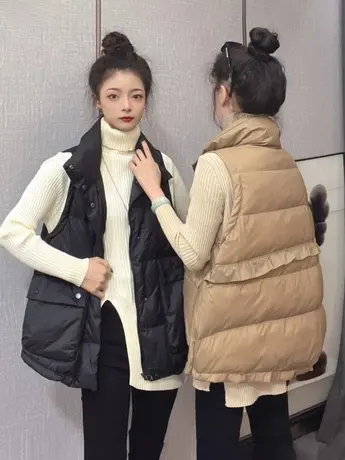 羽绒棉马甲女短款背心2023秋冬新款坎肩木耳边时尚宽松马夹外套女商品大图