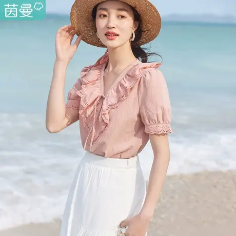 茵曼复古宫廷衬衫2023夏女装新款系带荷叶边V字领花边泡泡袖上衣图片