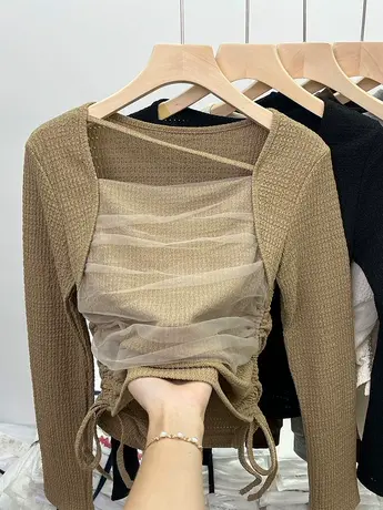 秋冬时髦时尚洋气法式短款方领锁骨网纱小上衣高级感打底衫女内搭商品大图