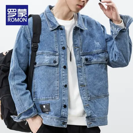 罗蒙牛仔外套男士蓝色宽松上衣服痞帅潮流春秋休闲百搭翻领夹克男图片
