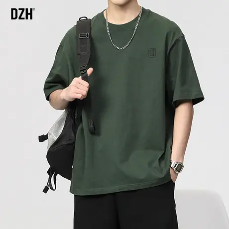 男士绿色t恤男短袖潮牌夏季半袖上衣2023新款五分袖男款体恤衣服商品大图