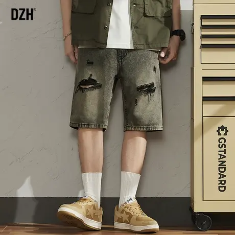 男士牛仔短裤男夏季黄泥牛仔裤潮牌破洞裤子宽松美式五分裤半截裤商品大图