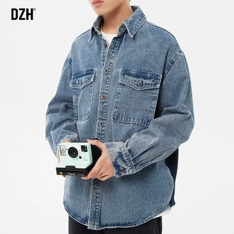 男士蓝色牛仔外套男秋季潮牌宽松男装2023新款拼接夹克衫工装上衣商品大图