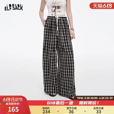 妖精的口袋高腰格纹直筒休闲裤子女2025年春季新款复古通勤阔腿裤商品大图