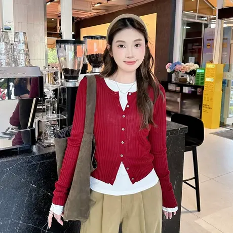 初秋休闲莱赛尔针织开衫外套女长袖短款百搭薄款修身显瘦针织衫商品大图