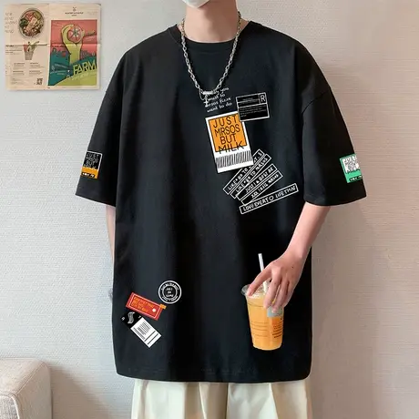 美式复古短袖T恤男夏季新款情侣潮牌纯棉半袖港风复古设计感上衣商品大图