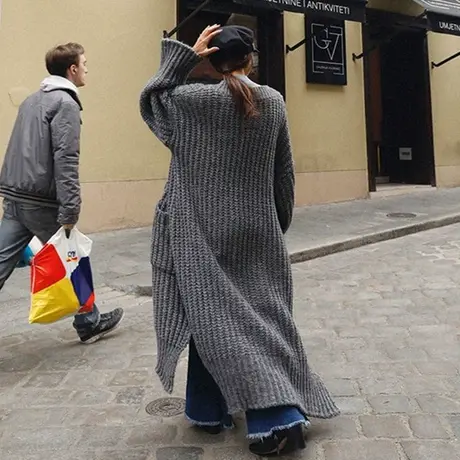 纯诗曼慵懒风过膝长款粗毛线宽松外搭大毛衣外套女厚针织衫冬开衫图片