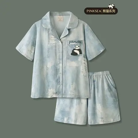 睡衣女款2025新款夏季冰丝熊猫短袖短裤情侣家居服大码男女士套装商品大图