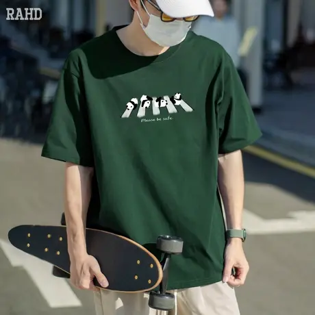 Radiohead短袖t恤男宽松圆领熊猫印花设计上衣墨绿色潮牌体恤学生商品大图