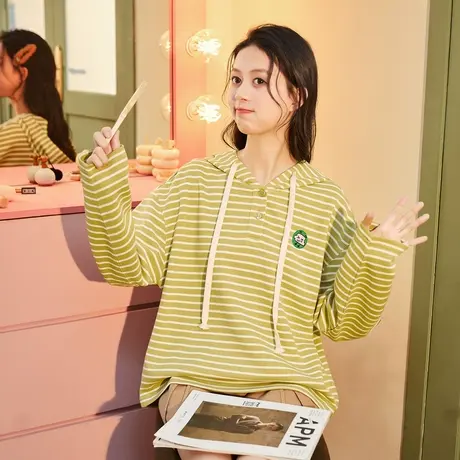 唐狮卫衣女条纹连帽春秋季新款宽松显瘦复古横纹帽衫套头上衣商品大图