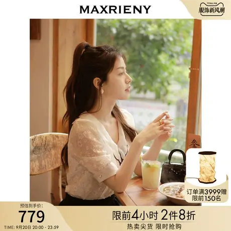 MAXRIENY翻领雪纺上衣女夏季蝴蝶结短袖蕾丝开衫商品大图