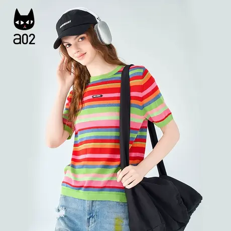 a02宽松彩虹条纹短袖T恤女2025新款夏季莱赛尔圆领内搭打底上衣图片