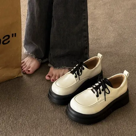 英伦风日系jk小皮鞋女2023年春夏季新款松糕厚底复古圆头系带单鞋图片