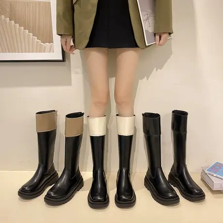 小众拼色长筒骑士靴子女鞋2023新款秋冬季爆款拼接小香风高筒长靴商品大图