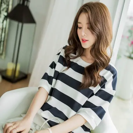 桔熊春夏季五分半袖少女初中学生下摆开衩条纹t恤上衣大码AB2876图片