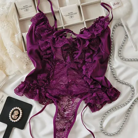 紫夜精灵*法式复古浪漫荷叶边系带蕾丝连体内衣成人内衣套装图片