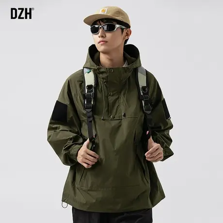 男士军绿色户外冲锋衣男款套头外套春秋款潮高级感连帽夹克登山服商品大图