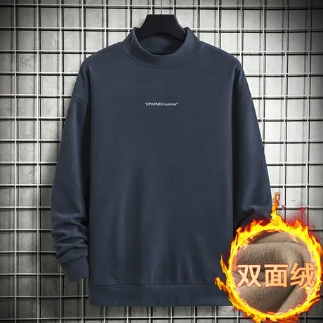 男士卫衣2023新款秋冬半高领宽松潮流百搭双面绒中领无帽长袖t恤商品大图