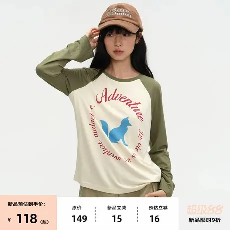 【8/07 0点新品9折】omont蛋挞家复古小狐狸印花圆领插肩袖T恤秋商品大图