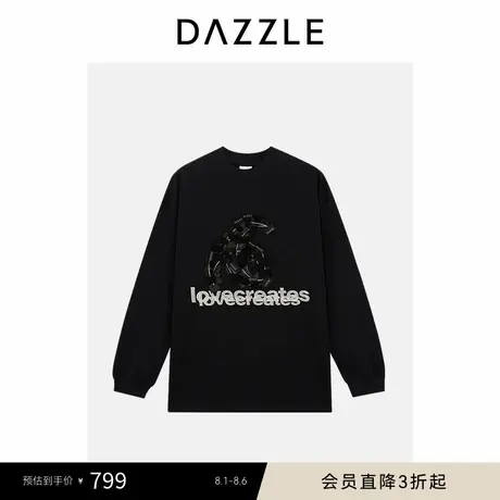 DAZZLE地素奥莱 T恤秋季黑色月牙绣花长袖上衣商品大图